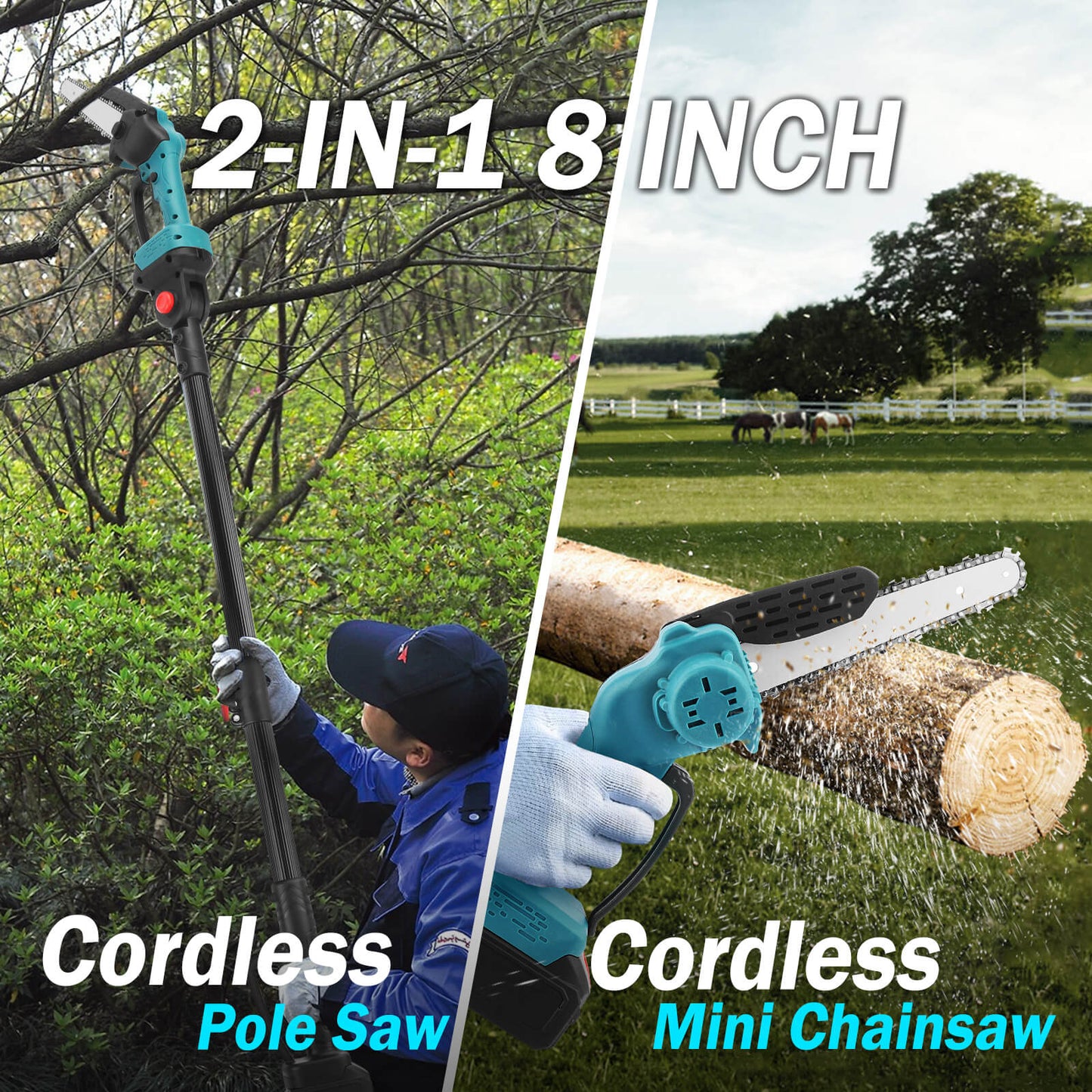 2 in 1 Cordless 8 inch Chainsaw with Pole Saw